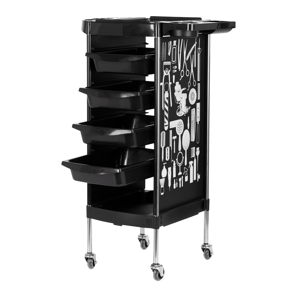 Gabbiano X11-9 Hairdressing Trolley Black Graphics - front view showing the storage and construction details