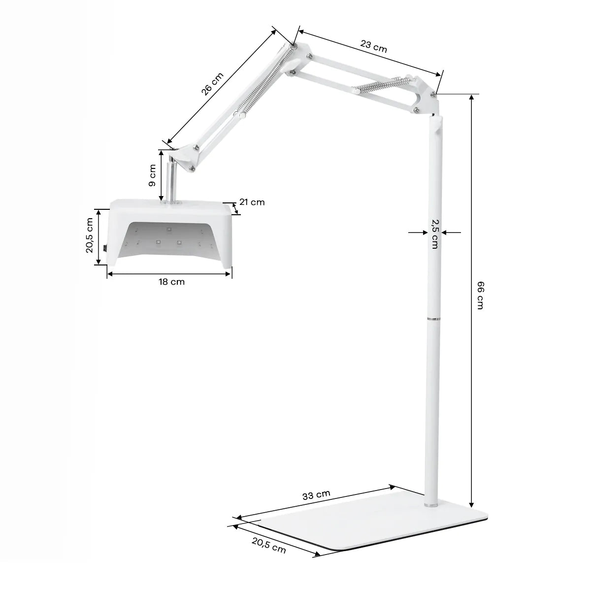 Dimension diagram for the Glow 112 pedicure lamp and adjustable metal stand