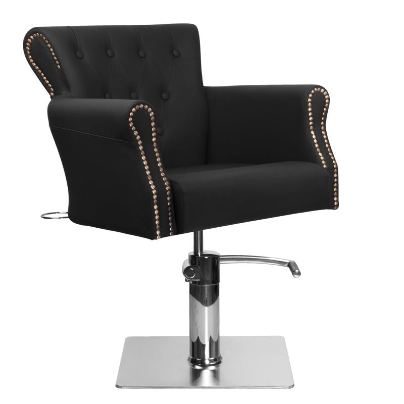 Hair System BER 8541 Barber Chair Black - close-up of the upholstery, frame and footrest details
