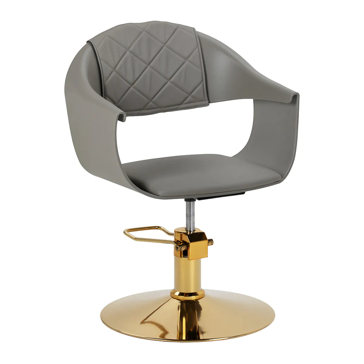 Hair System Halo Hair Salon Styling Chair Grey & Gold - angled front view on a white background