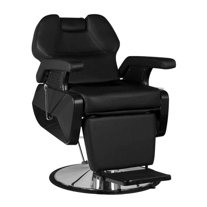 Hair System New York Black Barber Chair - angled front view on a white background