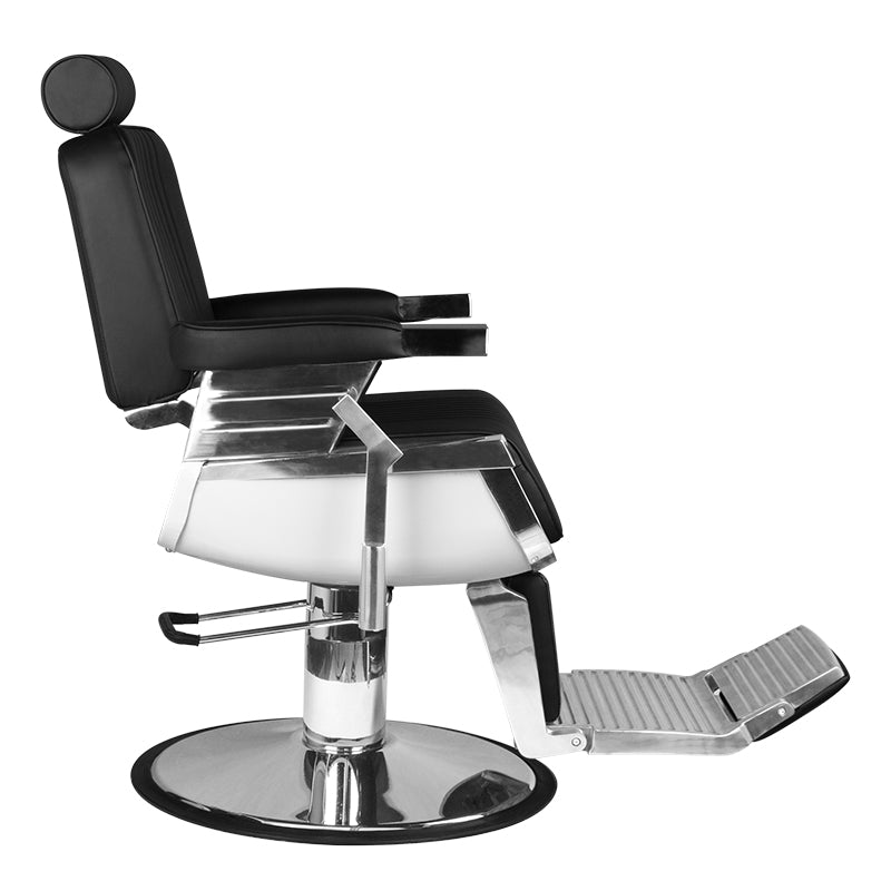 Hair System Royal X Black Barber Chair - close-up of the upholstery, frame and footrest details