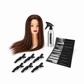 Hairdressing training kit with brown-haired Gabbiano WZ2 head, nine Toni&Guy combs, silver spray bottle and six black clips.