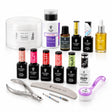 A comprehensive nail care and manicure set from Victoria Vynn, featuring multiple bottles of gel polish in various colors, a white nail file, nail clippers, a brush, and a swab container, all arranged on a clean white background.