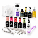 A comprehensive nail care and manicure set from Victoria Vynn, featuring multiple bottles of gel polish in various colors, a white nail file, nail clippers, a brush, and a swab container, all arranged on a clean white background.