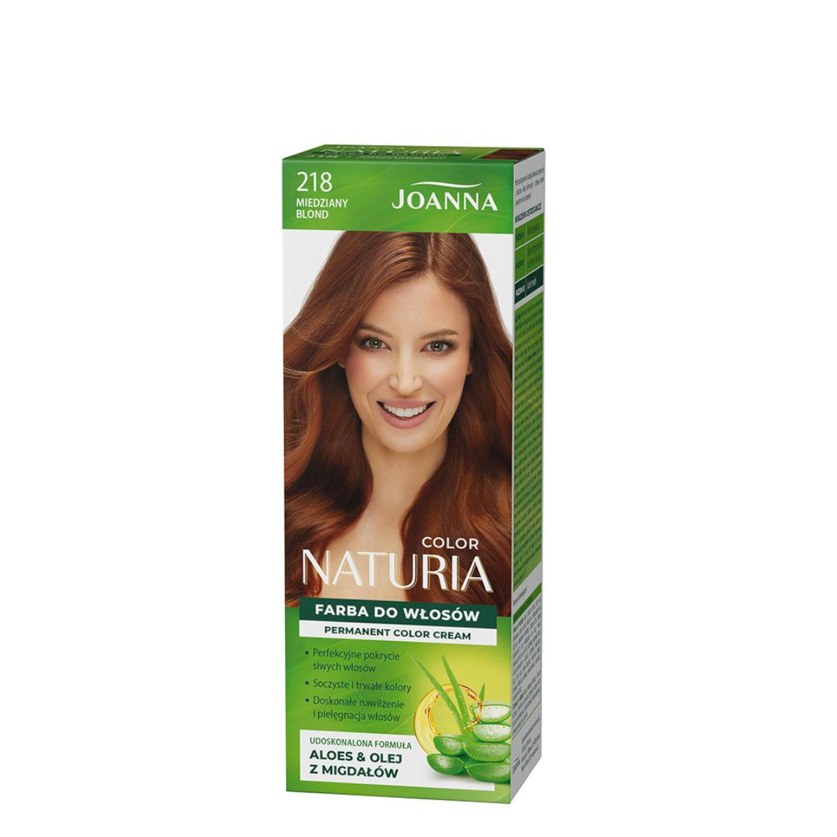 Joanna Naturia Permanent Color Cream Hair Dye - 218 Copper Blond - retail hair-care container isolated on a white background