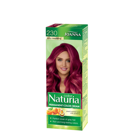 Joanna Naturia Permanent Color Cream Hair Dye - 230 Juicy Raspberry - retail hair-care container isolated on a white background