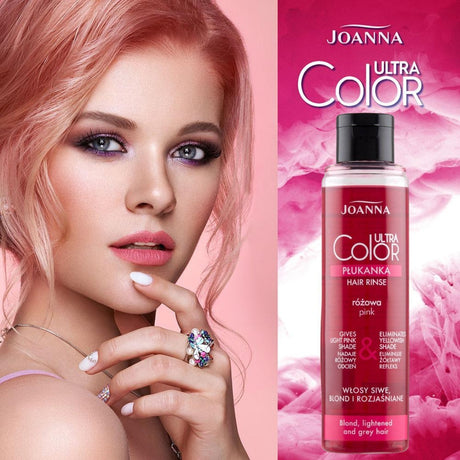 Joanna Ultra Color Pink Hair Rinse Eliminate Yellow Shade - product displayed with its packaging on a dark background
