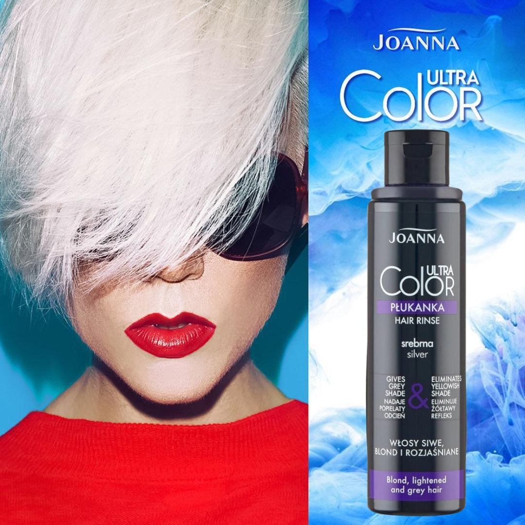Joanna Ultra Color Silver Rinse Hair Eliminate Yellow Shade - product and colour result shown on hair