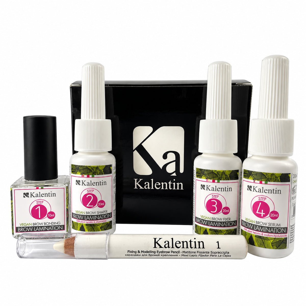 Kalentin Vegan Brow Lamination Set with four numbered treatment bottles, black box and mineral brow pencil