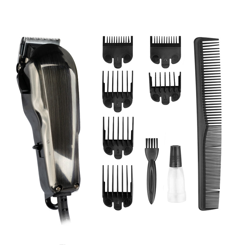 Kessner Hair Trimmer Kit KES-201 Brushed - clipper with comb attachments and accessories on a white background