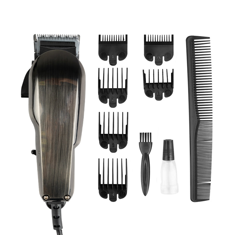 Kessner Hair Trimmer Kit KES-201 Brushed - clipper with comb attachments and accessories on a white background