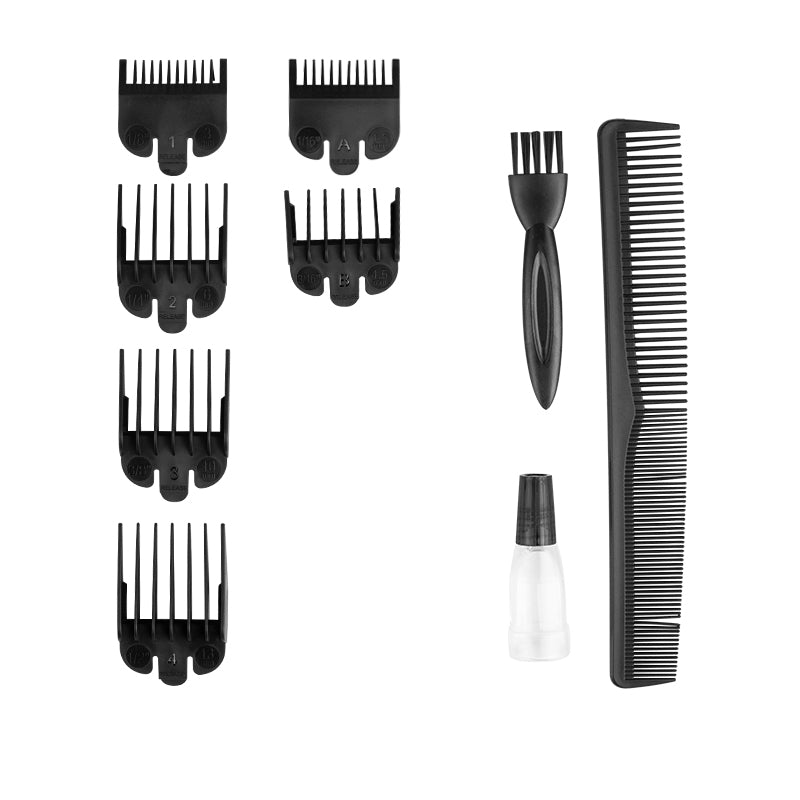 Kessner Hair Trimmer Kit KES-201 Brushed - clipper with comb attachments and accessories on a white background