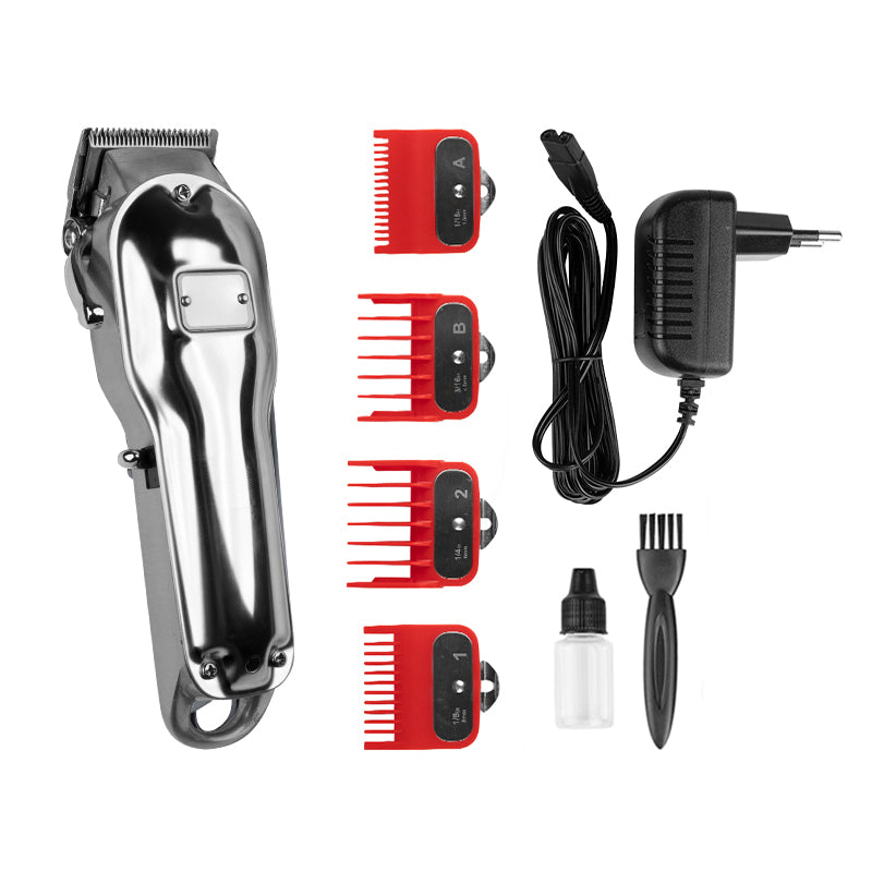 Kessner Hair Trimmer Kit KES-2020A Silver - clipper with comb attachments and accessories on a white background