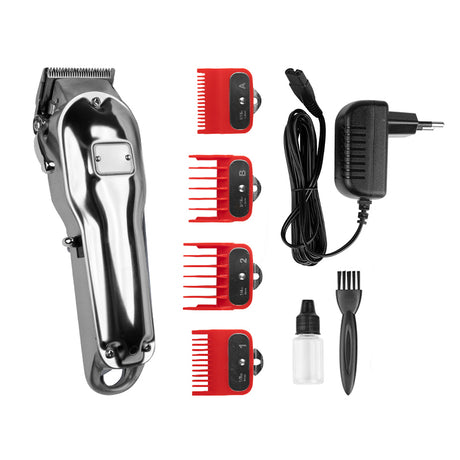 Kessner Hair Trimmer Kit KES-2020A Silver - clipper with comb attachments and accessories on a white background
