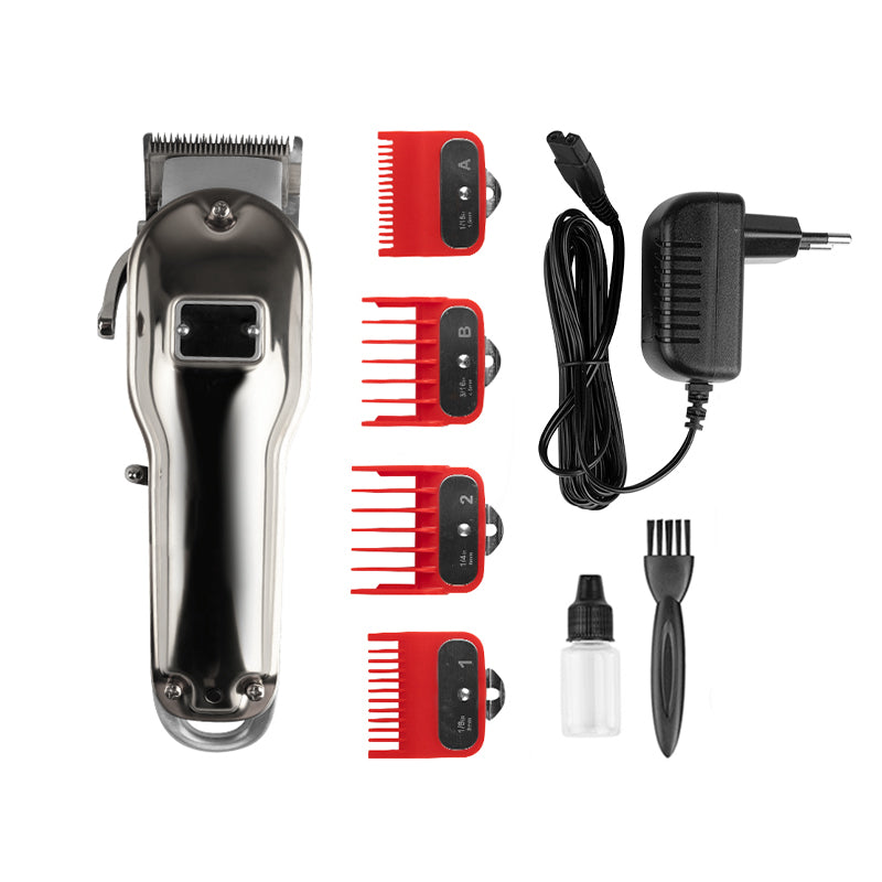 Kessner Hair Trimmer Kit KES-2020A Silver - clipper with comb attachments and accessories on a white background