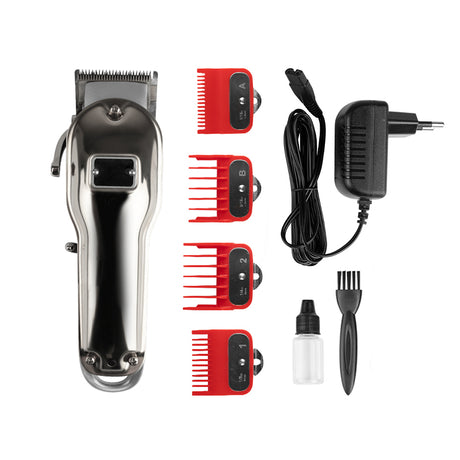 Kessner Hair Trimmer Kit KES-2020A Silver - clipper with comb attachments and accessories on a white background