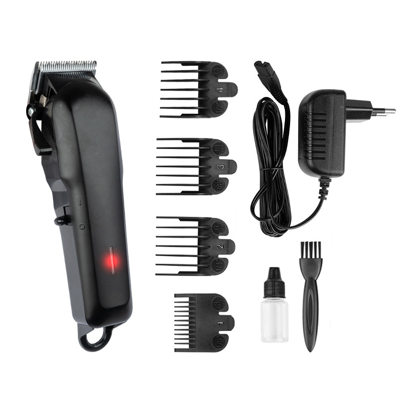 Kessner Hair Trimmer Kit KES-699 PLUS Black - clipper with comb attachments and accessories on a white background