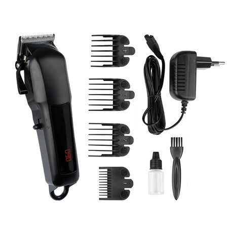 Kessner Hair Trimmer Kit KES-888B Black - clipper with comb attachments and accessories on a white background