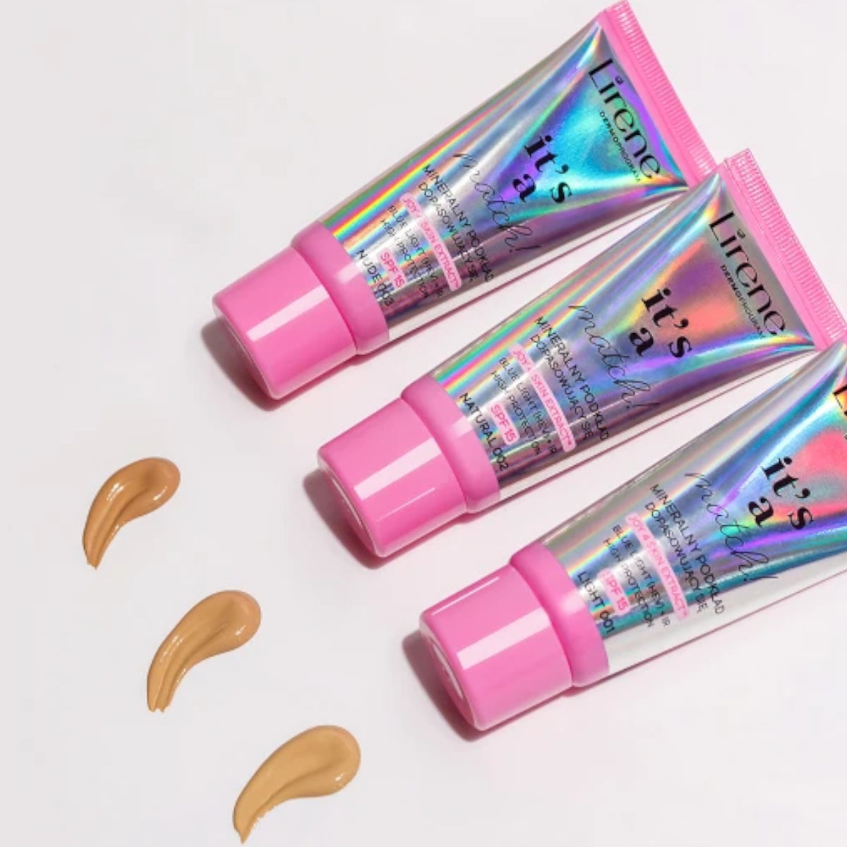 Lirene It's A Match! Mineral Adaptable Foundation SPF15 - foundation tube displayed over matching shade swatches