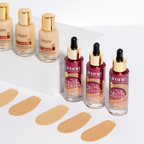 Lirene My Master Covering Foundation - foundation tube displayed over matching shade swatches