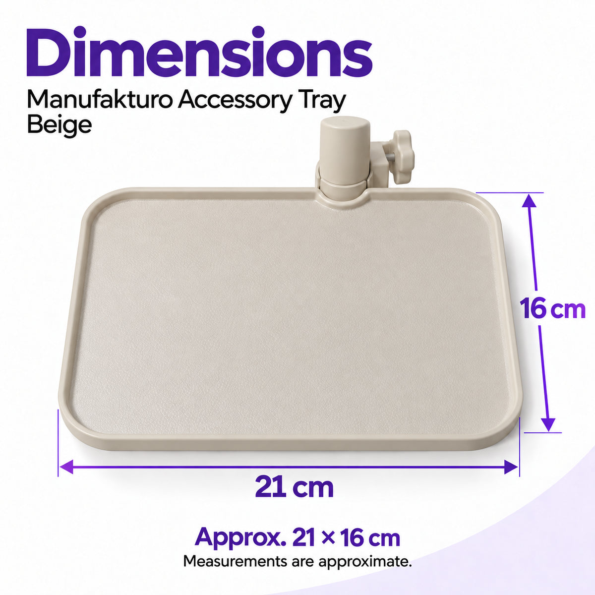 Beige Manufakturo accessory tray with approximate dimensions of 21 x 16 cm and its lamp-stand clamp.
