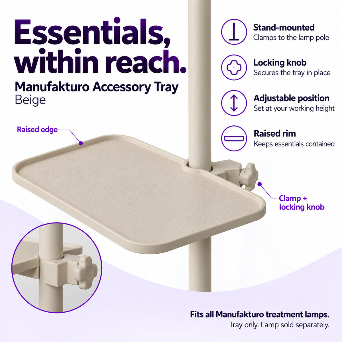 Beige Manufakturo accessory tray mounted to a lamp stand, with raised rim, adjustable position, locking knob and enlarged clamp detail.