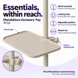 Beige Manufakturo accessory tray mounted to a lamp stand, with raised rim, adjustable position, locking knob and enlarged clamp detail.