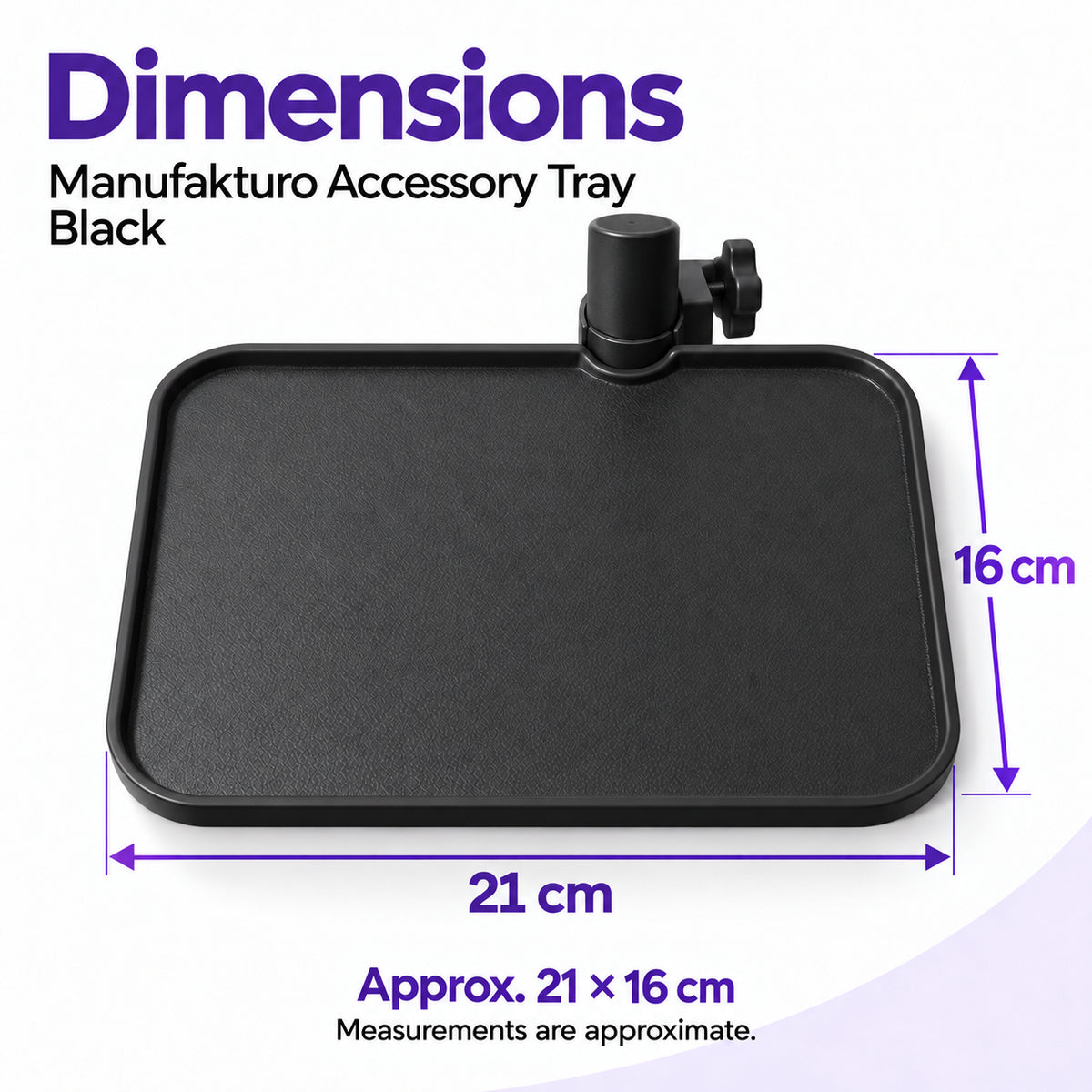 Black Manufakturo accessory tray with approximate dimensions of 21 x 16 cm and its lamp-stand clamp.