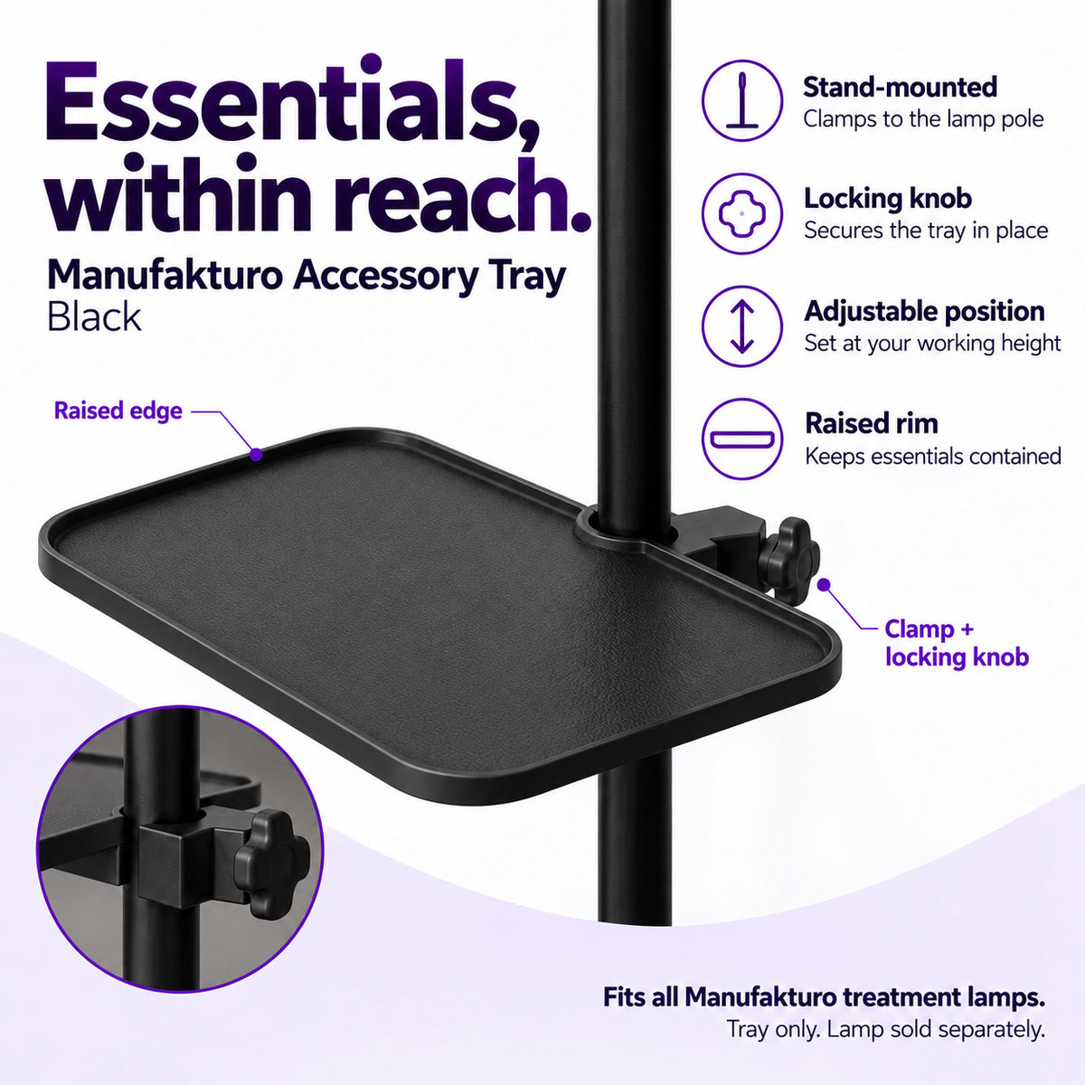 Black Manufakturo accessory tray mounted to a lamp stand, with raised rim, adjustable position, locking knob and enlarged clamp detail.