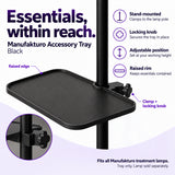 Black Manufakturo accessory tray mounted to a lamp stand, with raised rim, adjustable position, locking knob and enlarged clamp detail.