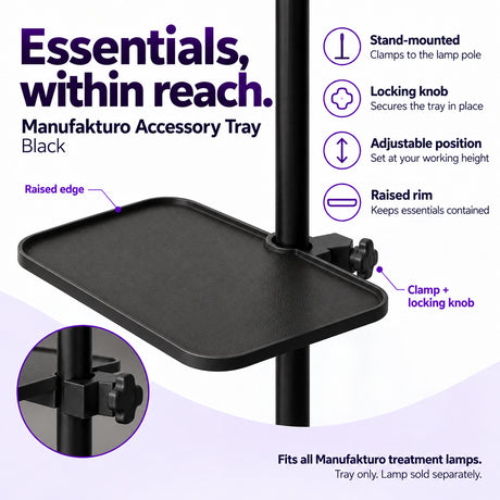 Black Manufakturo accessory tray mounted to a lamp stand, with raised rim, adjustable position, locking knob and enlarged clamp detail.