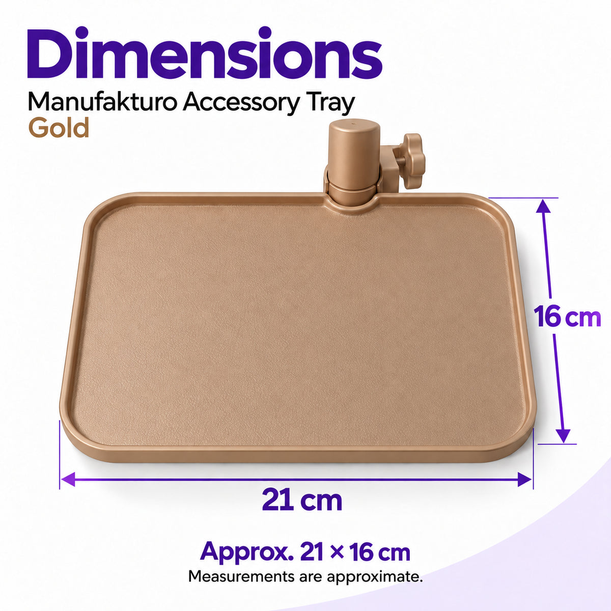 Gold Manufakturo accessory tray with approximate dimensions of 21 x 16 cm and its lamp-stand clamp.