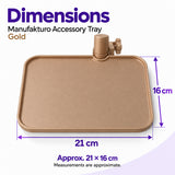 Gold Manufakturo accessory tray with approximate dimensions of 21 x 16 cm and its lamp-stand clamp.