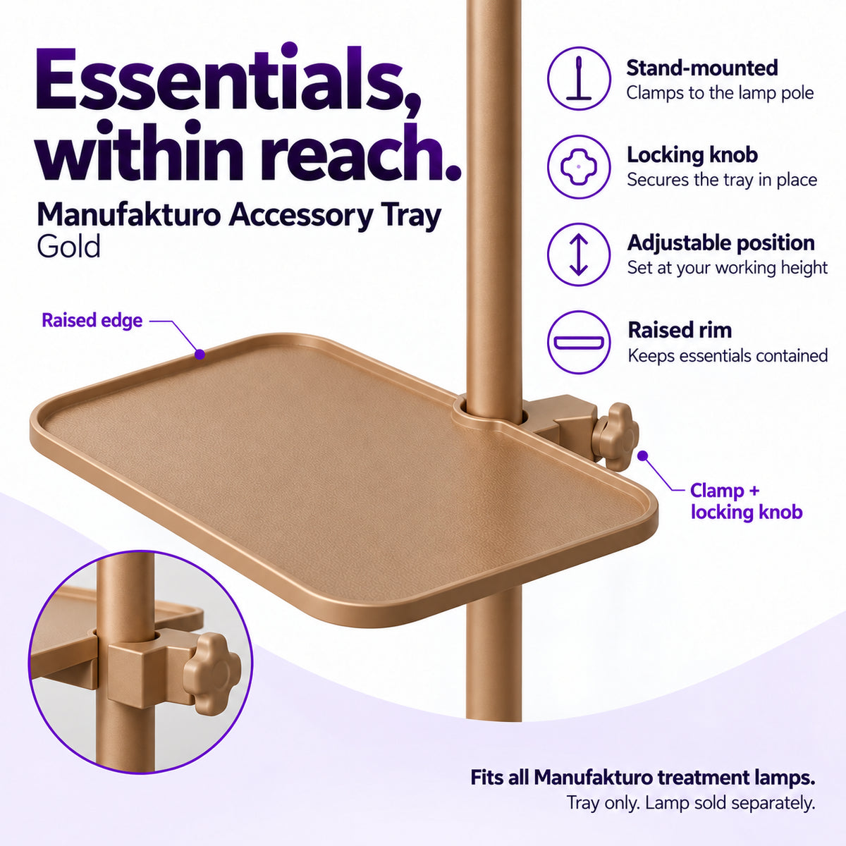 Gold Manufakturo accessory tray mounted to a lamp stand, with raised rim, adjustable position, locking knob and enlarged clamp detail.