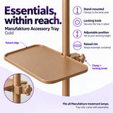 Gold Manufakturo accessory tray mounted to a lamp stand, with raised rim, adjustable position, locking knob and enlarged clamp detail.