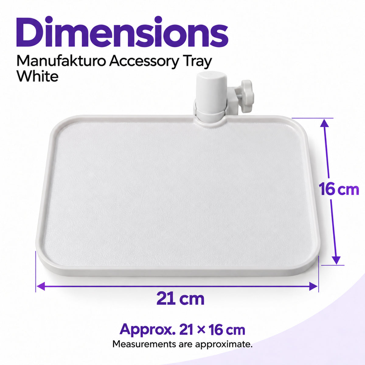 White Manufakturo accessory tray with approximate dimensions of 21 x 16 cm and its lamp-stand clamp.
