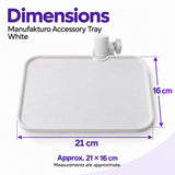 White Manufakturo accessory tray with approximate dimensions of 21 x 16 cm and its lamp-stand clamp.