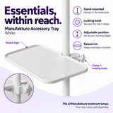 White Manufakturo accessory tray mounted to a lamp stand, with raised rim, adjustable position, locking knob and enlarged clamp detail.