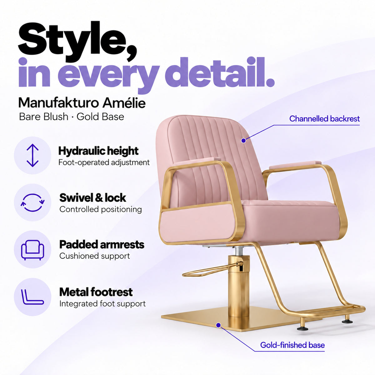 Manufakturo Amélie Bare Blush styling chair with gold base, hydraulic height adjustment, swivel and lock, padded armrests and integrated metal footrest.