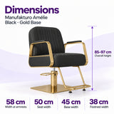 Manufakturo Amélie Black styling chair dimensions: overall height 85–97 cm, width at armrests 58 cm, seat width 50 cm, base width 45 cm and footrest width 38 cm.