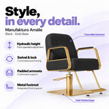 Manufakturo Amélie Black styling chair with gold base, hydraulic height adjustment, swivel and lock, padded armrests and integrated metal footrest.
