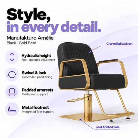 Manufakturo Amélie Black styling chair with gold base, hydraulic height adjustment, swivel and lock, padded armrests and integrated metal footrest.