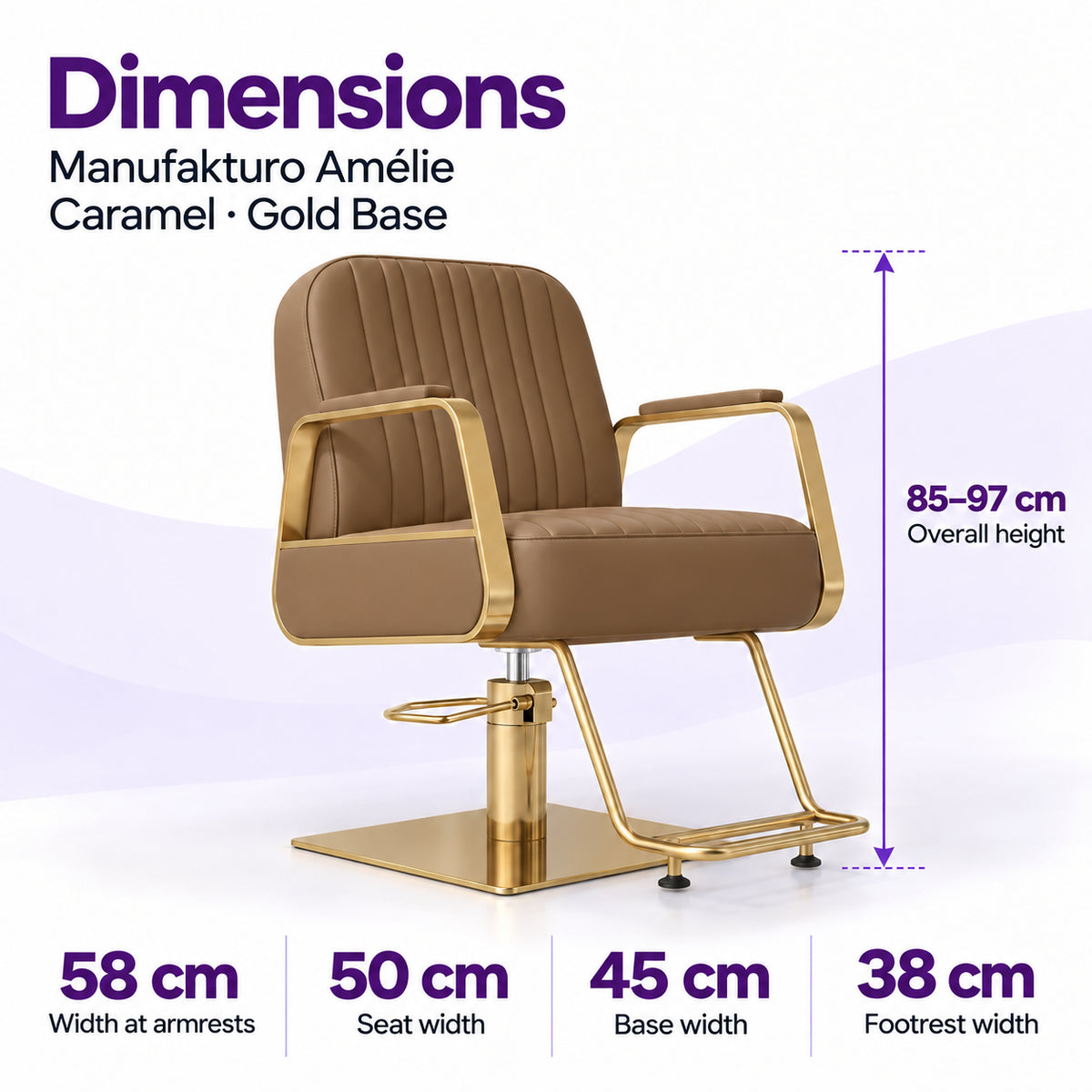Manufakturo Amélie Caramel styling chair dimensions: overall height 85–97 cm, width at armrests 58 cm, seat width 50 cm, base width 45 cm and footrest width 38 cm.