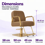 Manufakturo Amélie Caramel styling chair dimensions: overall height 85–97 cm, width at armrests 58 cm, seat width 50 cm, base width 45 cm and footrest width 38 cm.