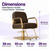 Manufakturo Amélie Cocoa Mocha styling chair dimensions: overall height 85–97 cm, width at armrests 58 cm, seat width 50 cm, base width 45 cm and footrest width 38 cm.