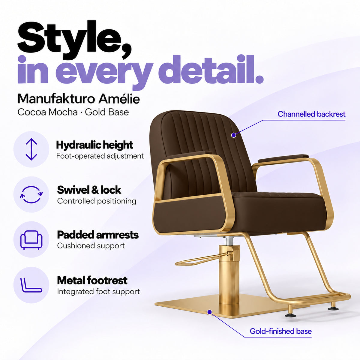 Manufakturo Amélie Cocoa Mocha styling chair with gold base, hydraulic height adjustment, swivel and lock, padded armrests and integrated metal footrest.