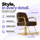 Manufakturo Amélie Cocoa Mocha styling chair with gold base, hydraulic height adjustment, swivel and lock, padded armrests and integrated metal footrest.