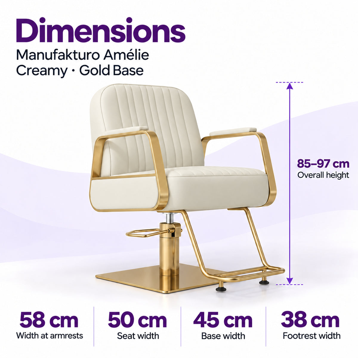 Manufakturo Amélie Creamy styling chair dimensions: overall height 85–97 cm, width at armrests 58 cm, seat width 50 cm, base width 45 cm and footrest width 38 cm.