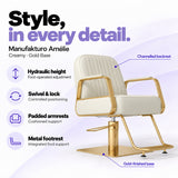 Manufakturo Amélie Creamy styling chair with gold base, hydraulic height adjustment, swivel and lock, padded armrests and integrated metal footrest.